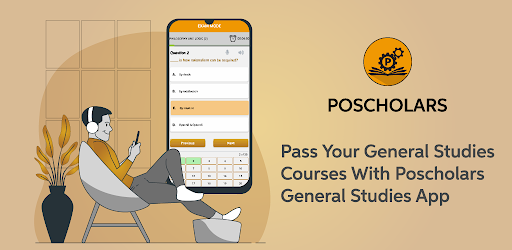 Poscholars app showing a General Studies exam question on a phone, with the tagline: Pass your General Studies courses with Poscholars